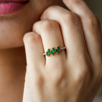 Elegant emerald promise ring with baguette cut emerald center and diamond side stones in rose gold by Rosec Jewels.