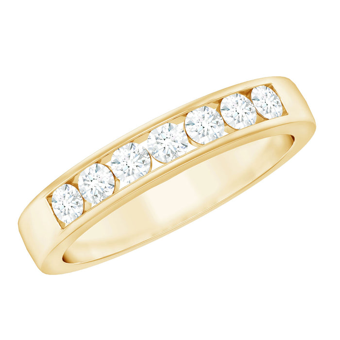 Diamond seven stone band ring in channel setting by Rosec Jewels, showcasing a sleek gold band with sparkling diamonds.
