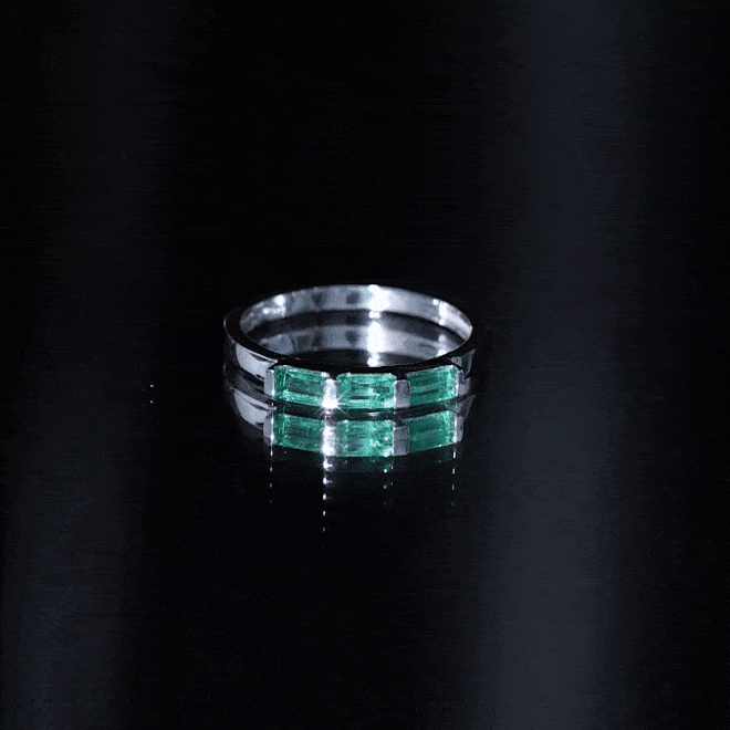 Elegant Baguette Cut Emerald 3 Stone Ring by Rosec Jewels featuring real emeralds and a certificate of authenticity.