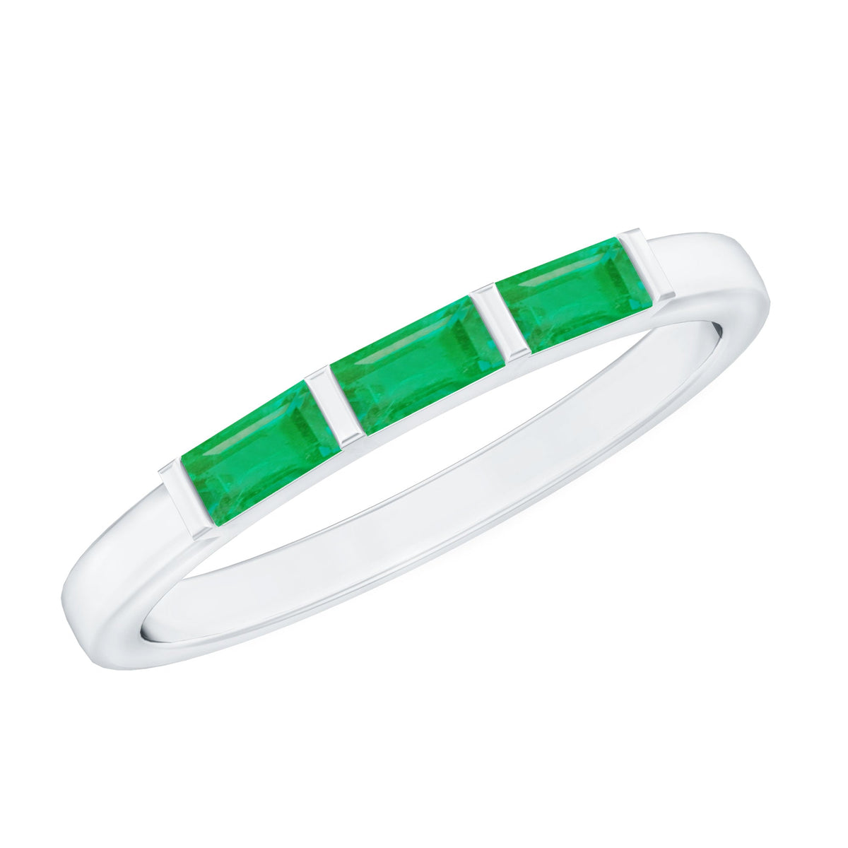 Rosec Jewels Baguette Cut Real Emerald 3 Stone Ring with Certificate, featuring three emeralds set in a fine ring design.