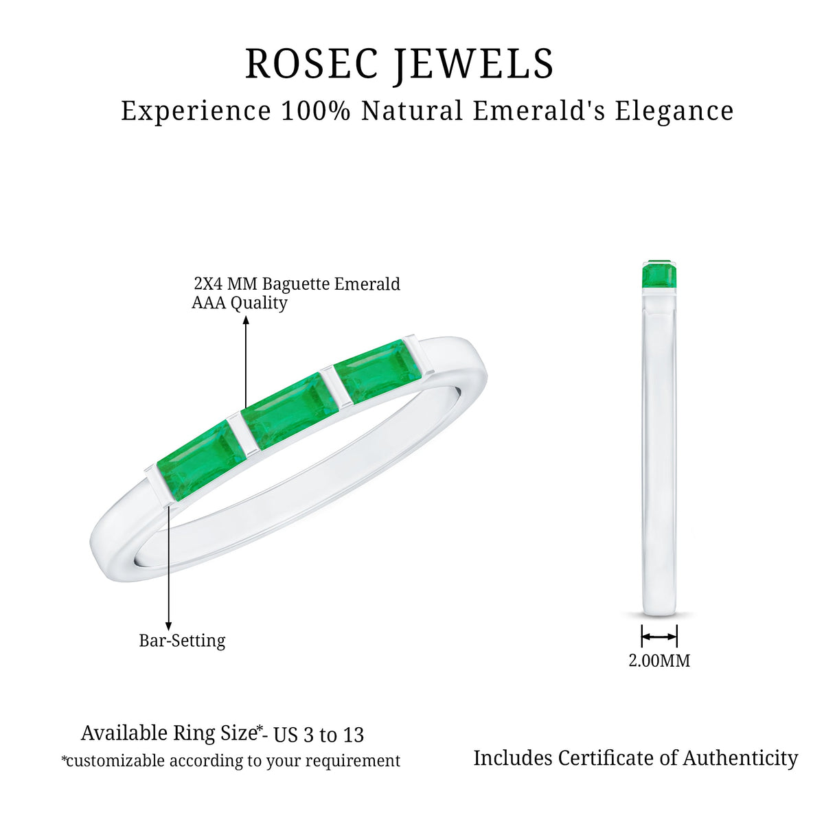 Rosec Jewels Baguette Cut Real Emerald 3 Stone Ring with certificate, showcasing the elegant ring design and vibrant emeralds.