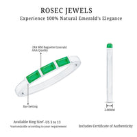 Rosec Jewels Baguette Cut Real Emerald 3 Stone Ring with certificate, showcasing the elegant ring design and vibrant emeralds.