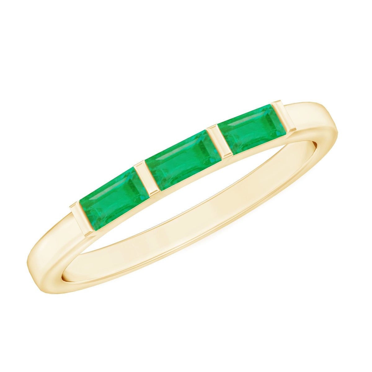 Rosec Jewels emerald 3-stone ring with baguette cut real emeralds, showcasing detailed craftsmanship and a certificate of authenticity.