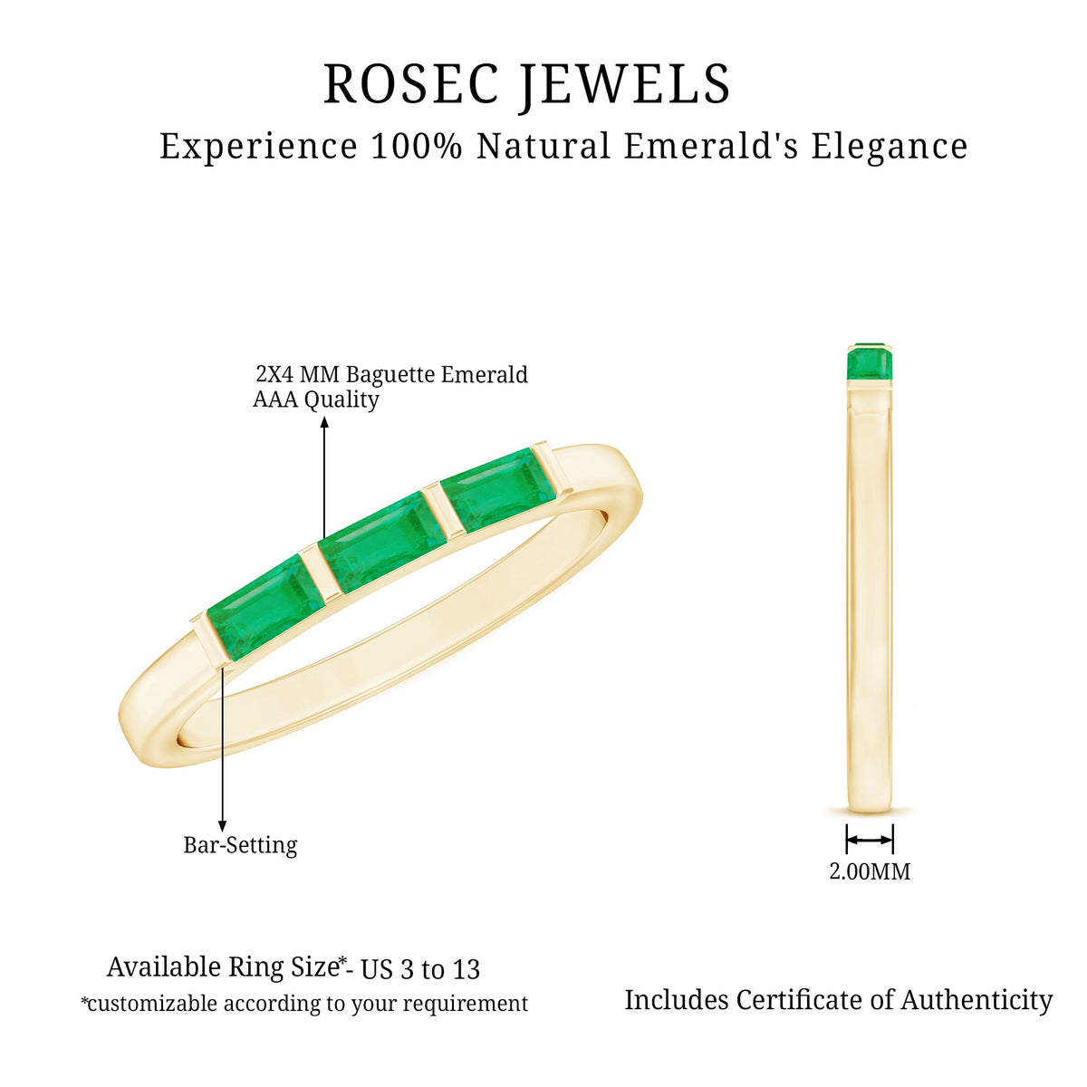 Three-stone emerald ring featuring baguette-cut real emeralds by Rosec Jewels, showcasing the certificate of authenticity.