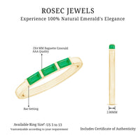 Three-stone emerald ring featuring baguette-cut real emeralds by Rosec Jewels, showcasing the certificate of authenticity.
