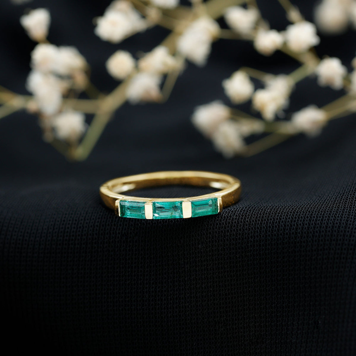 Rosec Jewels Baguette Cut Real Emerald 3 Stone Ring with Certificate, showcasing a detailed view of the elegant gemstone ring.