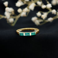 Rosec Jewels Baguette Cut Real Emerald 3 Stone Ring with Certificate, showcasing a detailed view of the elegant gemstone ring.