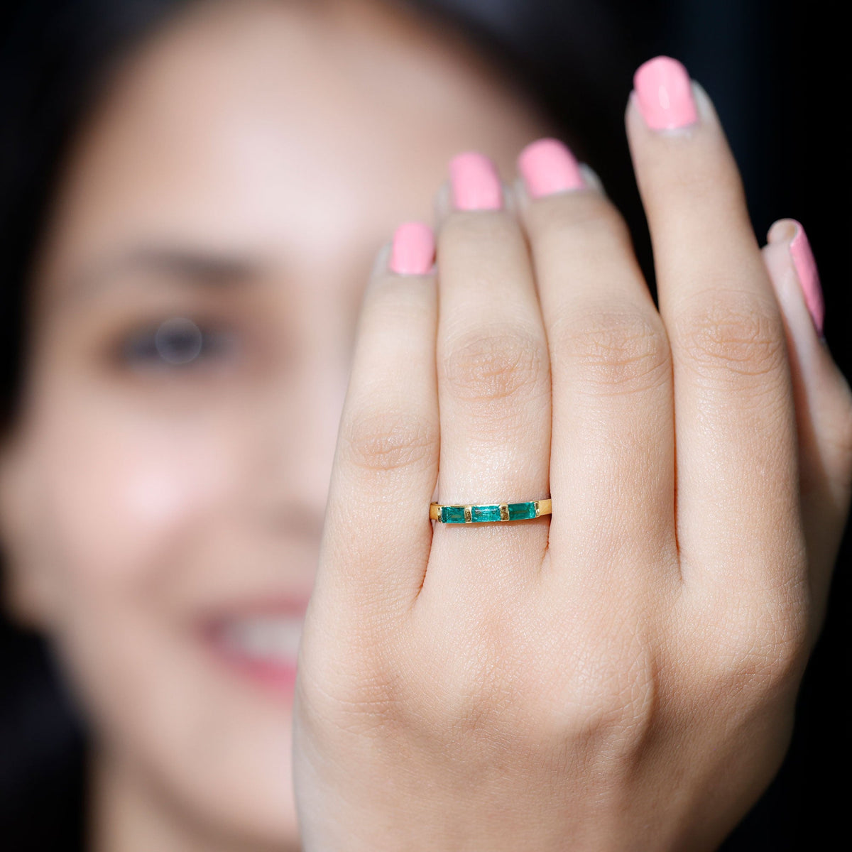 Rosec Jewels baguette cut real emerald 3-stone ring with certificate, featuring a detailed view of the elegant gemstone design.