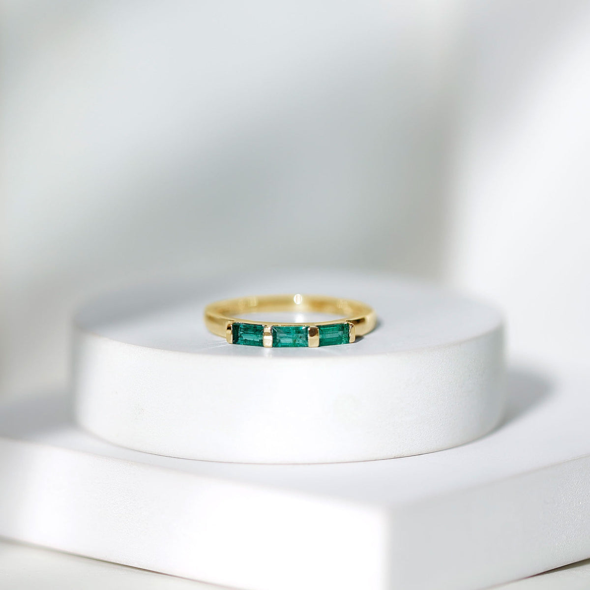 Rosec Jewels Baguette Cut Real Emerald 3 Stone Ring with certificate, showcasing vibrant green emeralds and elegant design.