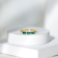 Rosec Jewels Baguette Cut Real Emerald 3 Stone Ring with certificate, showcasing vibrant green emeralds and elegant design.