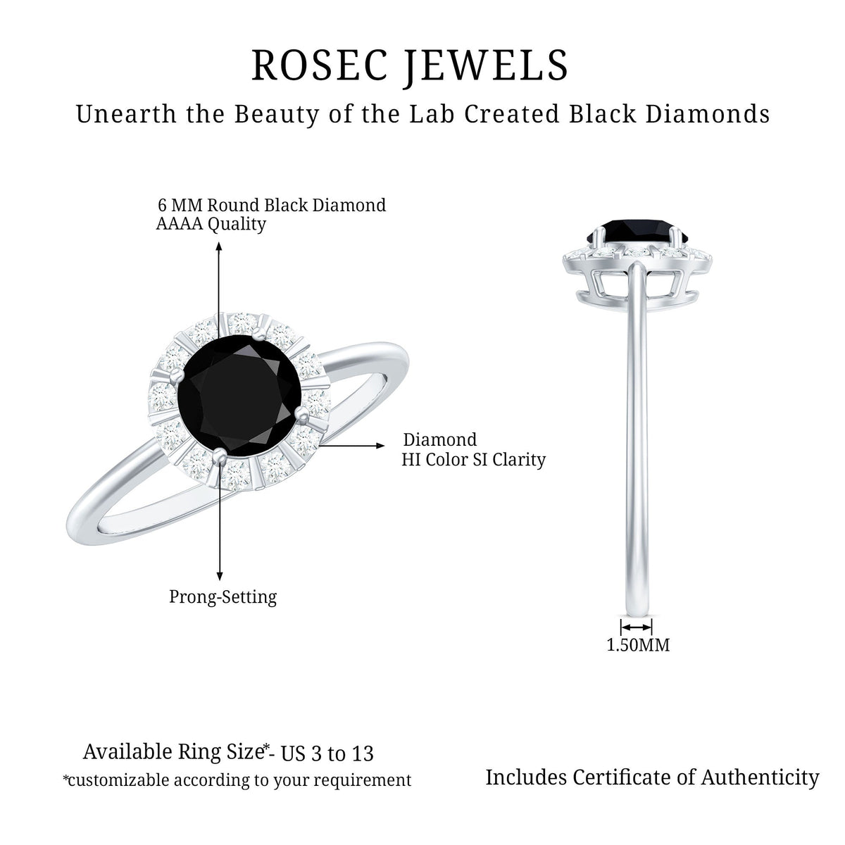 Lab created black and white diamond halo engagement ring from Rosec Jewels, showcasing a 1.3 carat ring with intricate design.