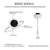 Lab created black and white diamond halo engagement ring from Rosec Jewels, showcasing a 1.3 carat ring with intricate design.