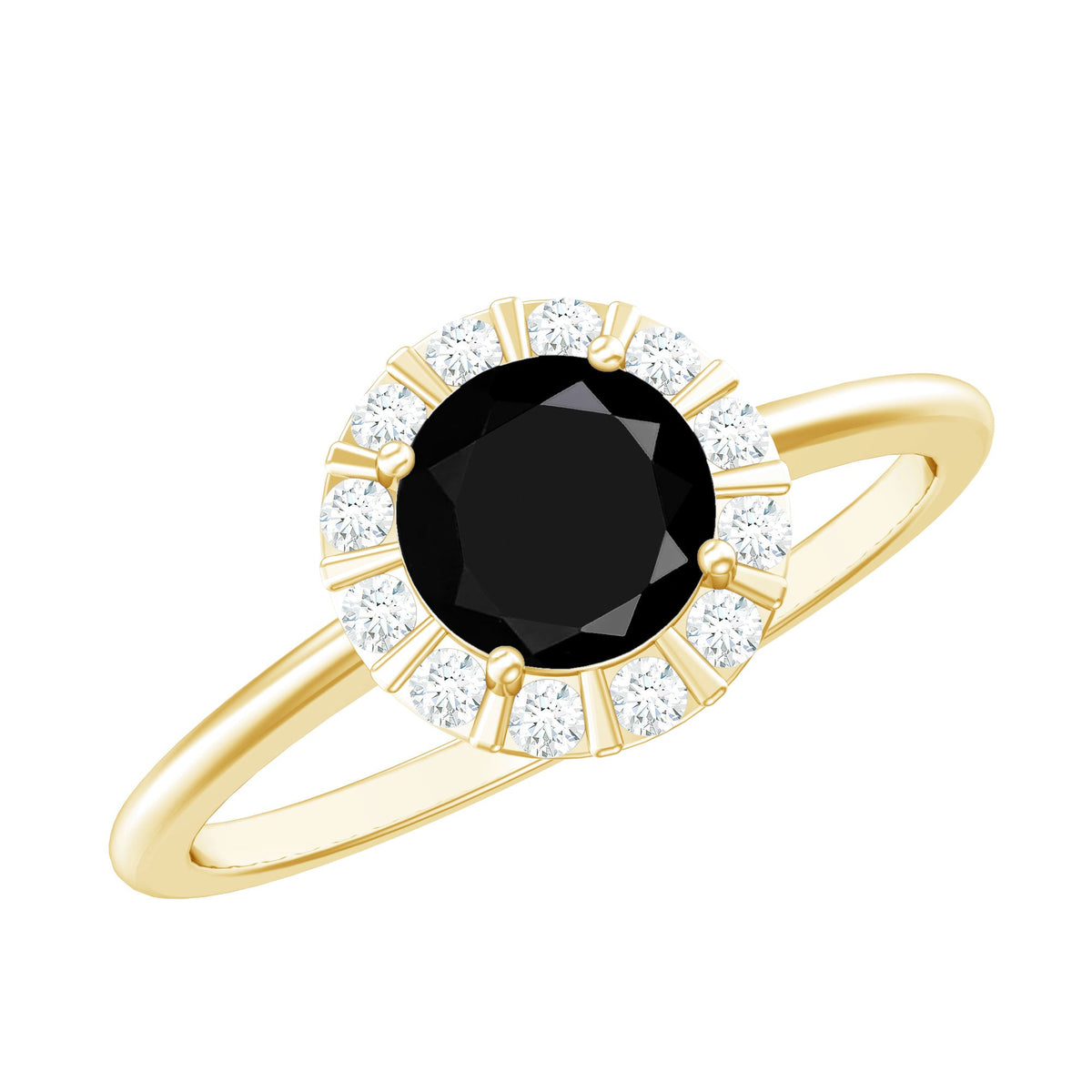 Lab created black and white diamond halo engagement ring from Rosec Jewels with 1.3 carats, detailed ring design visible.