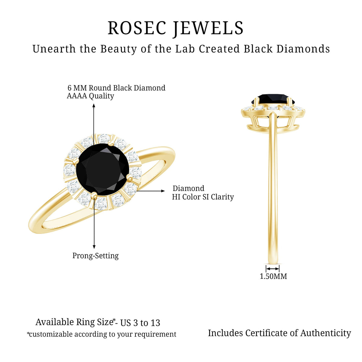 Lab-created black and white diamond halo engagement ring by Rosec Jewels featuring a 1.3 carat center stone and elegant design.