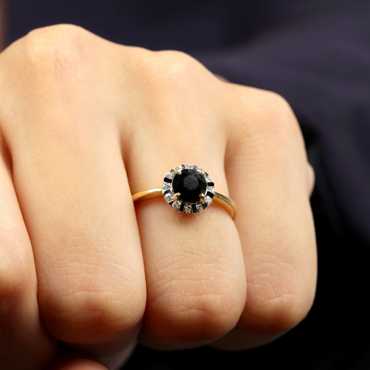 Lab created black and white diamond halo engagement ring from Rosec Jewels featuring a 1.3 carat ring with intricate setting.