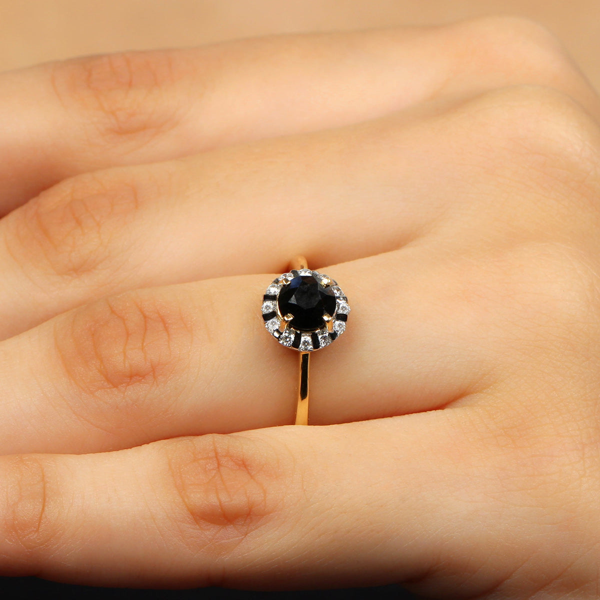 Rosec Jewels 1.3 Carat lab-created black and white diamond halo engagement ring, showcasing a stunning gemstone design.