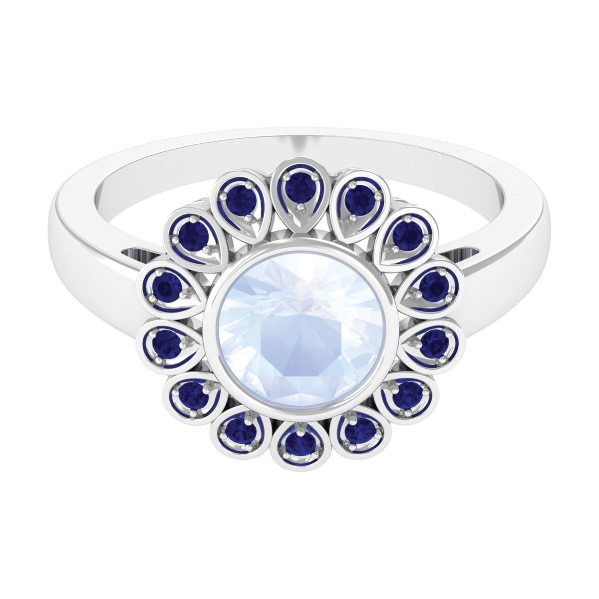 1.25 CT Bezel Set Moonstone Vintage Inspired Engagement Ring with Blue Sapphire