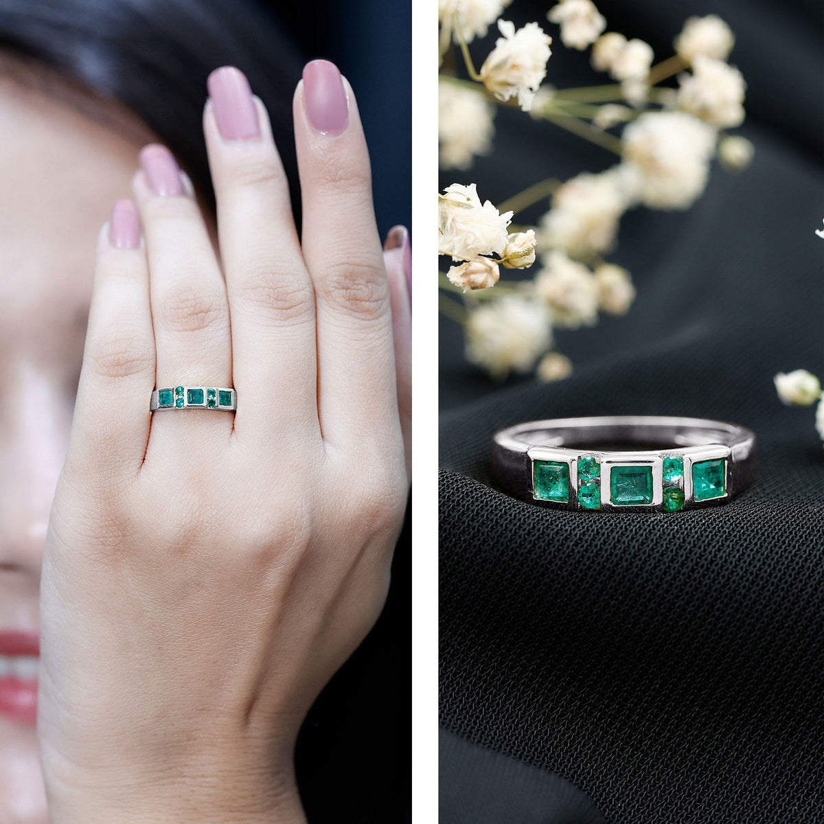 Natural emerald princess cut band ring by Rosec Jewels featuring a central emerald gemstone and a sleek, elegant gold band.