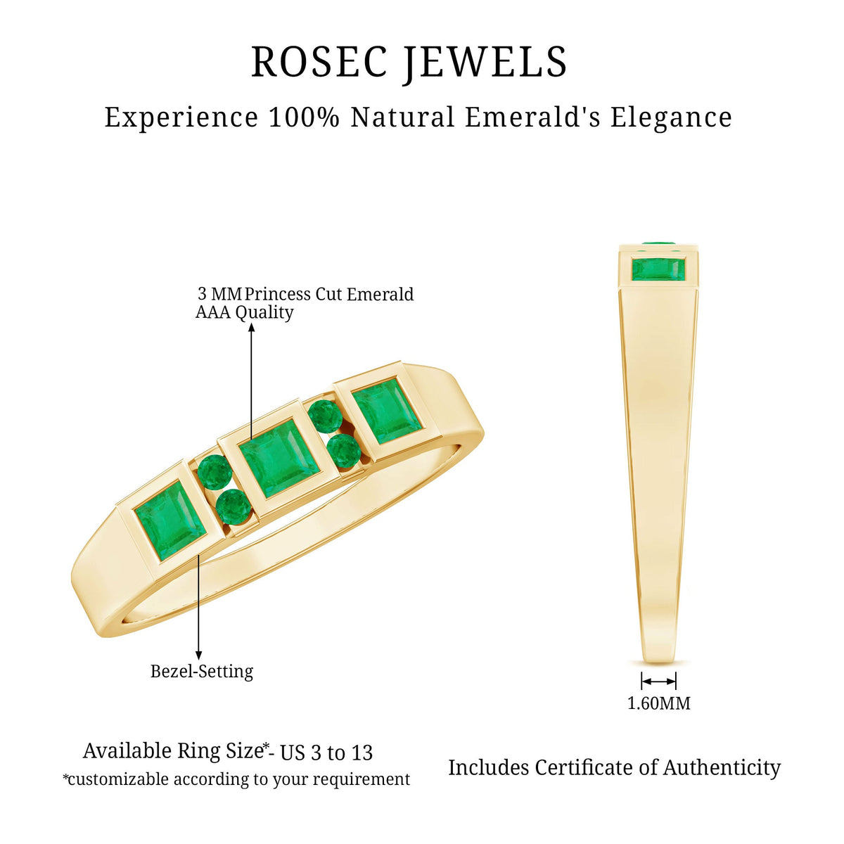 Natural emerald princess cut band ring by Rosec Jewels featuring a central square-cut emerald gemstone on a sleek band.