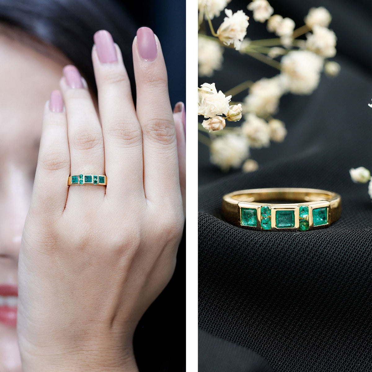 Natural emerald princess cut band ring by Rosec Jewels featuring a sparkling green emerald on a sleek ring band.