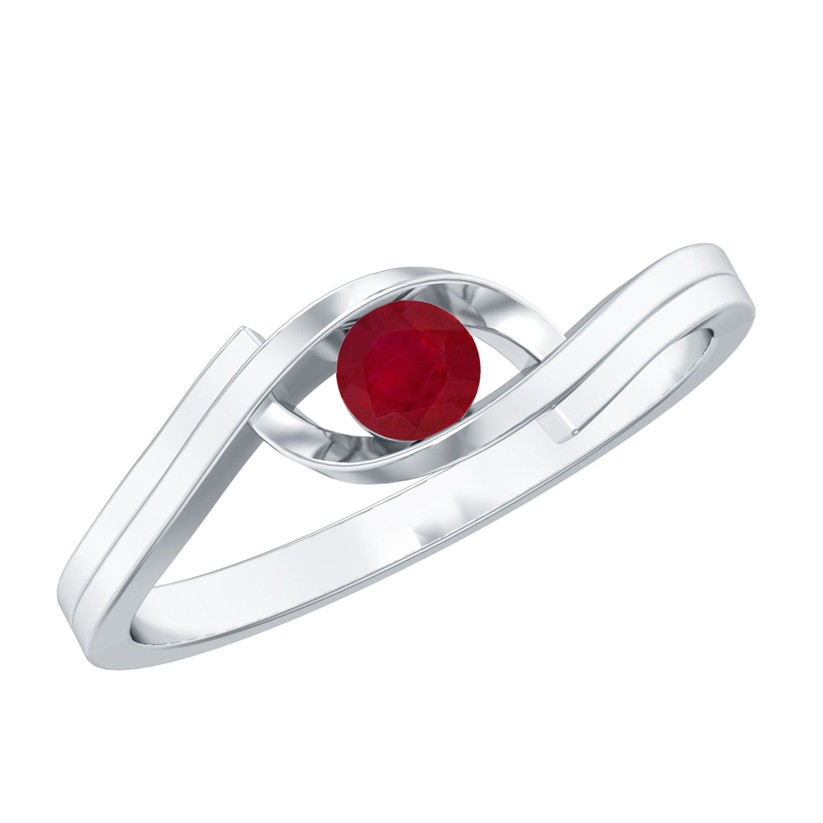 Natural red ruby promise ring with bypass shank from Rosec Jewels, featuring a central red ruby gemstone and elegant band design.