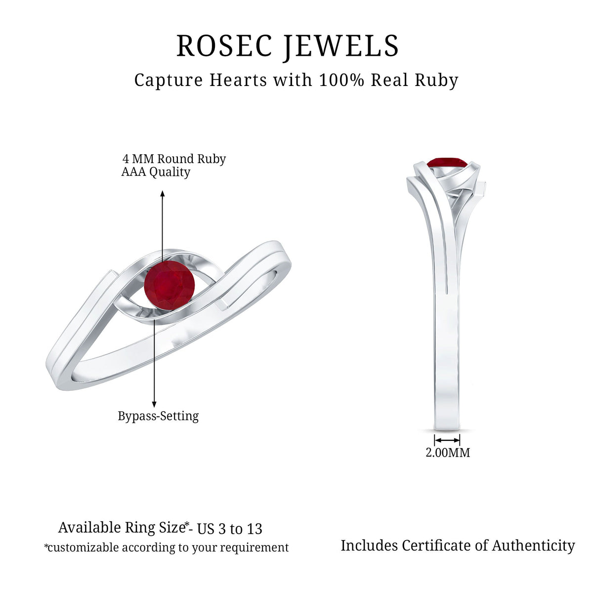Natural red ruby promise ring with bypass shank from Rosec Jewels, showcasing a vibrant ruby gemstone and elegant gold band.