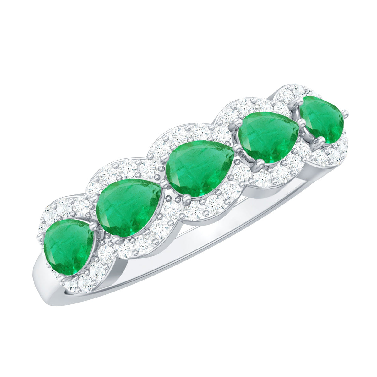 Pear-shaped emerald anniversary wedding ring with diamond accents, crafted by Rosec Jewels, featuring a stunning and elegant design.