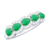 Pear-shaped emerald anniversary wedding ring with diamond accents, crafted by Rosec Jewels, featuring a stunning and elegant design.