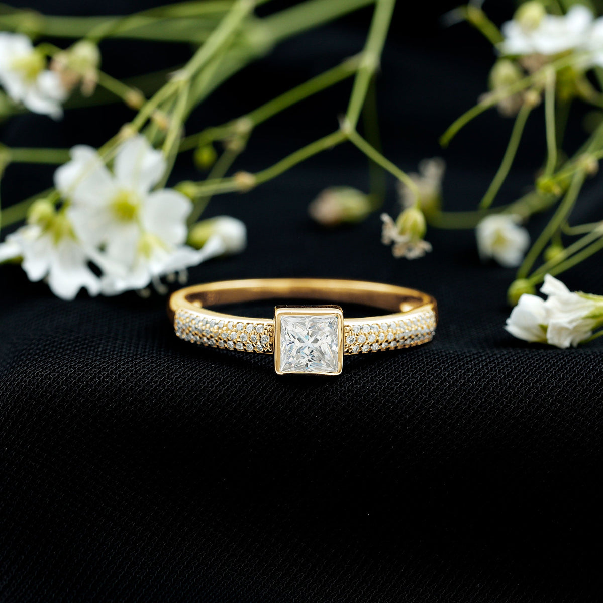 Princess Cut Moissanite Solitaire Engagement Ring in Bezel Setting