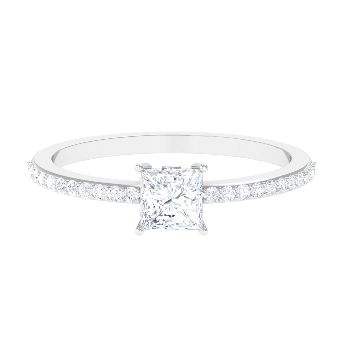 Rosec Jewels 3/4 CT princess cut zircon solitaire ring with side stones, featuring a sparkling center stone and detailed band design.