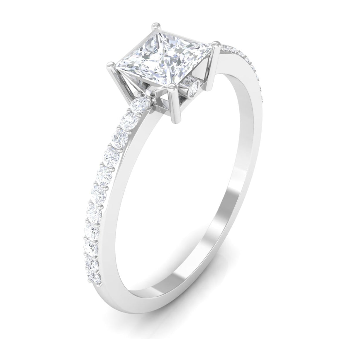 Rosec Jewels 3/4 CT princess cut zircon solitaire ring with side stones, showcasing a sparkling center stone and elegant design.