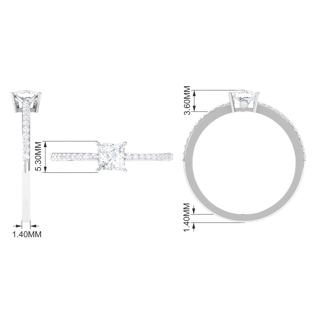 Rosec Jewels 3/4 CT princess cut zircon solitaire ring with side stones and a hidden surprise, showcasing elegant jewelry craftsmanship.