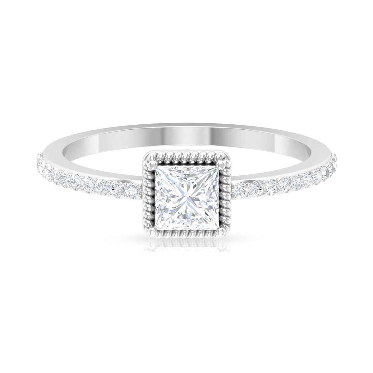 Rosec Jewels 3/4 CT princess cut zircon solitaire ring with side stones, showcasing a sparkling center stone and elegant band design.