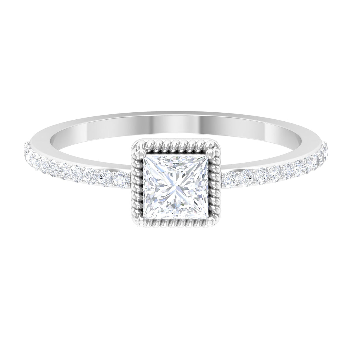 Rosec Jewels 3/4 CT princess cut zircon solitaire ring with side stones, showcasing a sparkling gemstone and elegant band design.