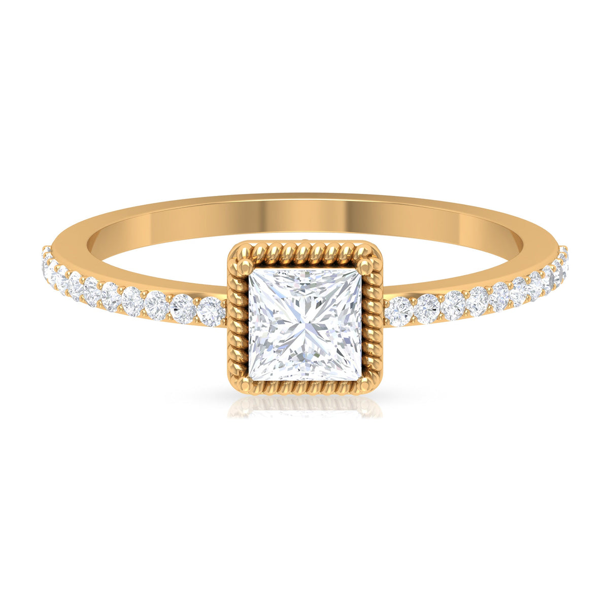 Rosec Jewels 3/4 CT princess cut zircon solitaire ring with side stones, showcasing a sparkling central gemstone and elegant band.