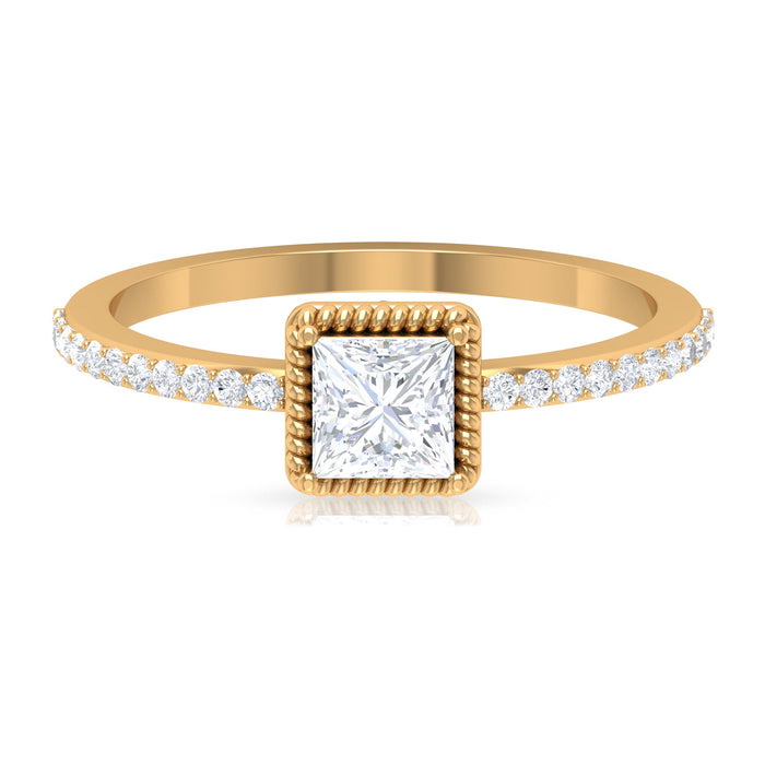 Rosec Jewels 3/4 CT princess cut zircon solitaire ring with side stones, showcasing a sparkling central gemstone and elegant band.