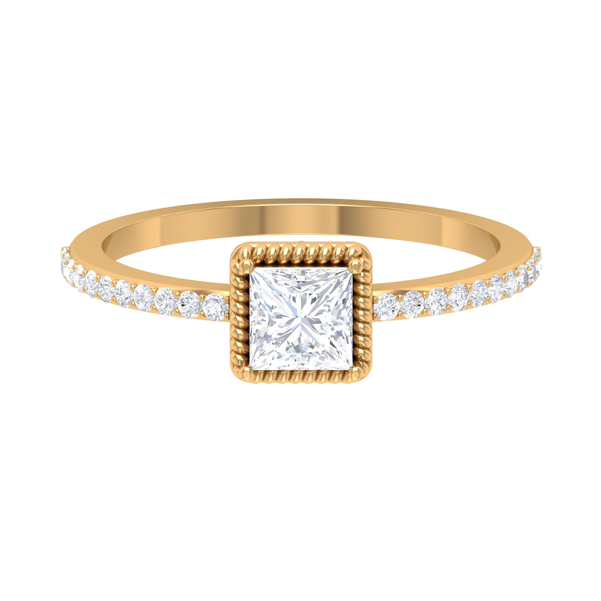 Rosec Jewels 3/4 CT princess cut zircon solitaire ring with side stones, featuring a sleek band and sparkling gemstone accents.