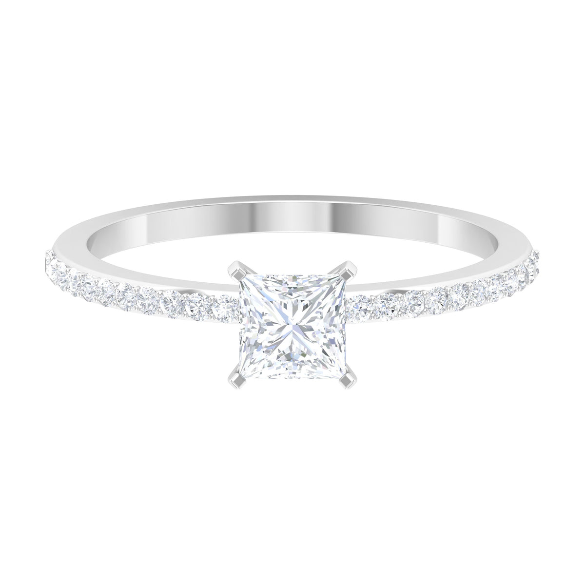 Rosec Jewels 3/4 CT princess cut cubic zirconia solitaire ring with side stones, showcasing sparkling gemstone and elegant band design.