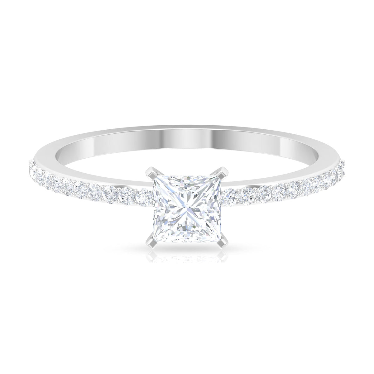 Rosec Jewels 3/4 CT princess cut cubic zirconia solitaire ring with side stones, showcasing a sparkling, elegant ring design.