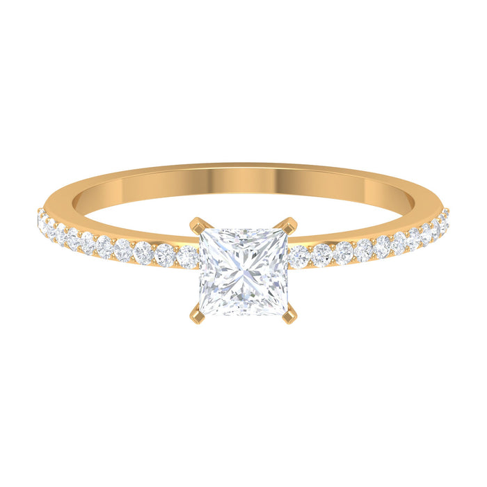 Rosec Jewels 3/4 CT princess cut cubic zirconia solitaire ring with side stones, showcasing a sparkling center gemstone and elegant band.