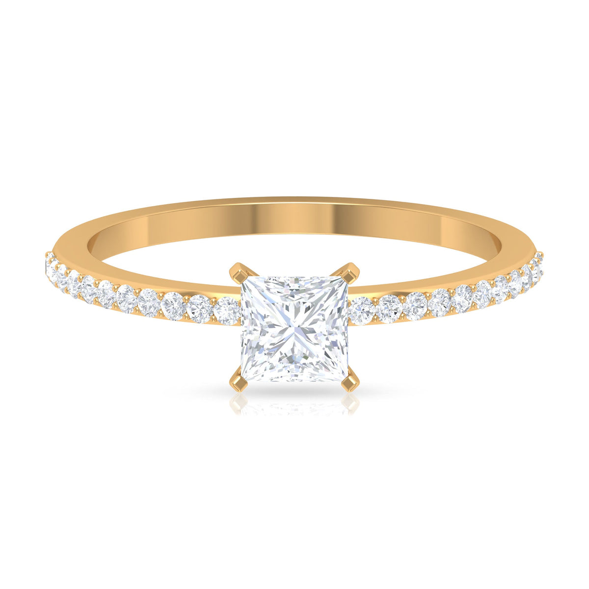 Rosec Jewels 3/4 CT princess cut cubic zirconia solitaire ring with side stones, featuring a sleek, elegant design.