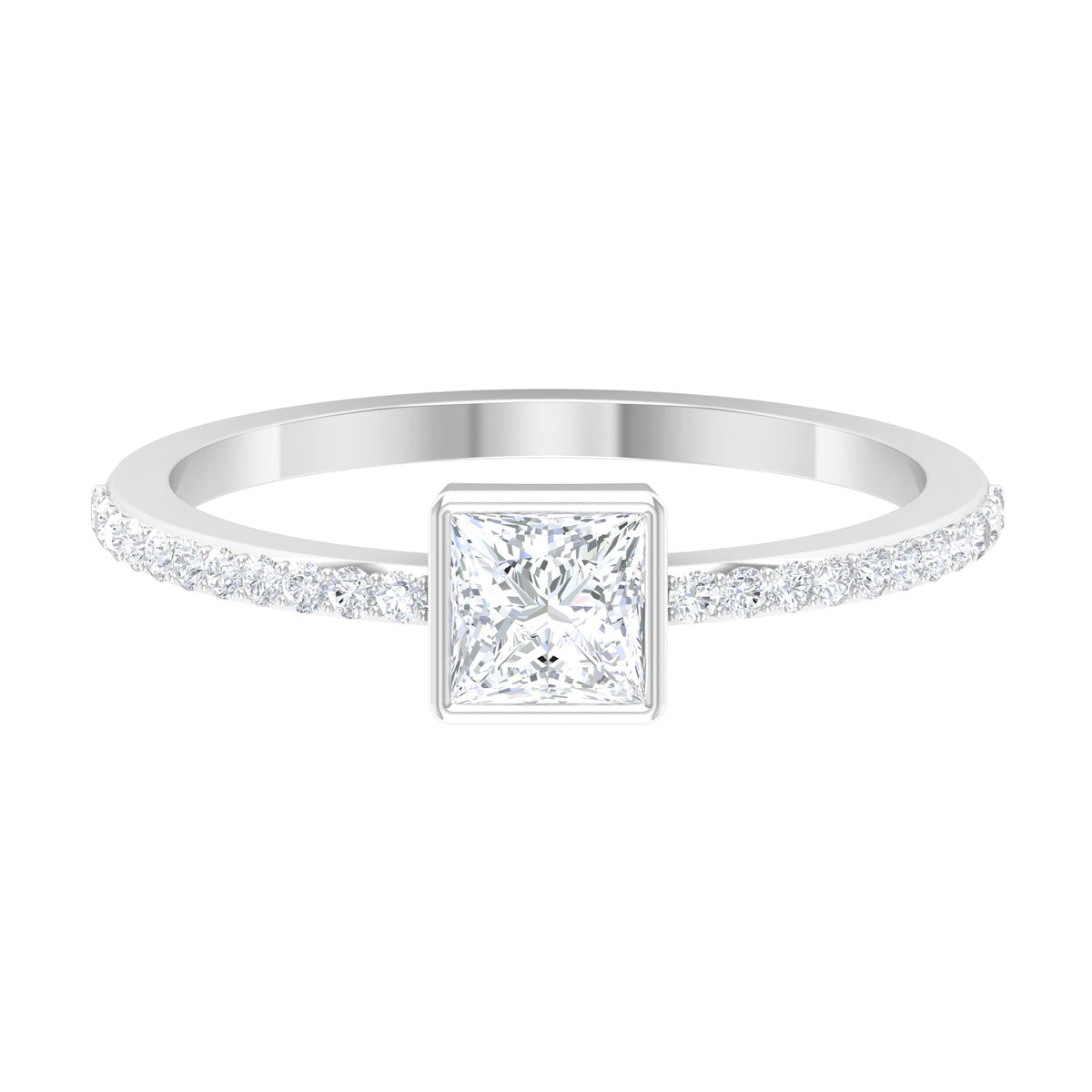 Rosec Jewels 3/4 CT cubic zirconia bezel set solitaire ring with side stones, showcasing a sparkling center stone and detailed band design.