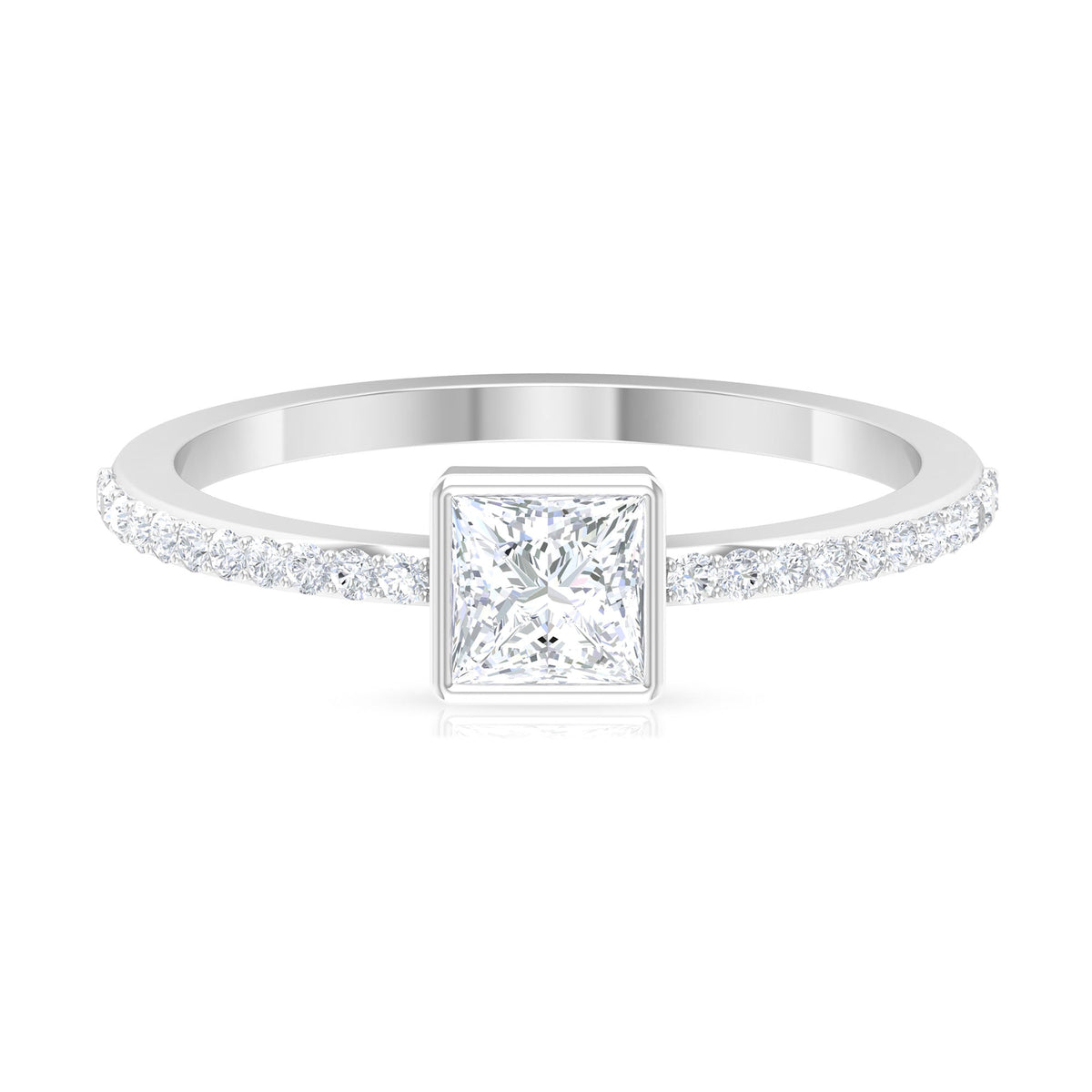 Rosec Jewels cubic zirconia solitaire ring with 3/4 carat bezel setting and side stones, showcasing elegant jewelry design.