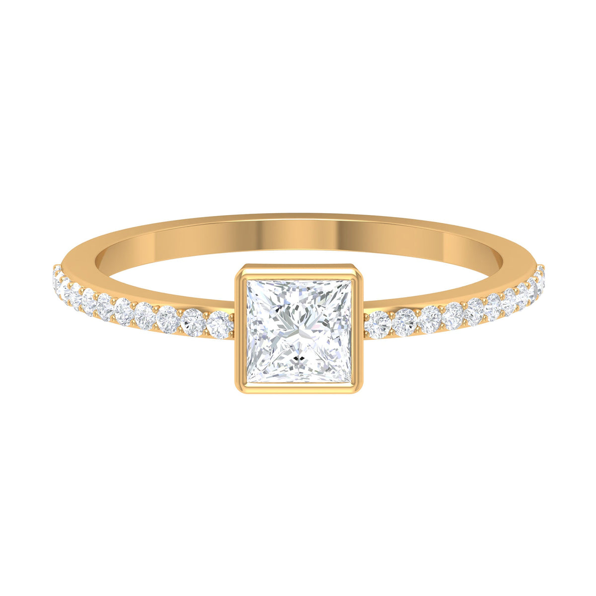 Rosec Jewels 3/4 CT bezel set cubic zirconia solitaire ring with side stones, showcasing a shiny silver band and sparkling gemstones.