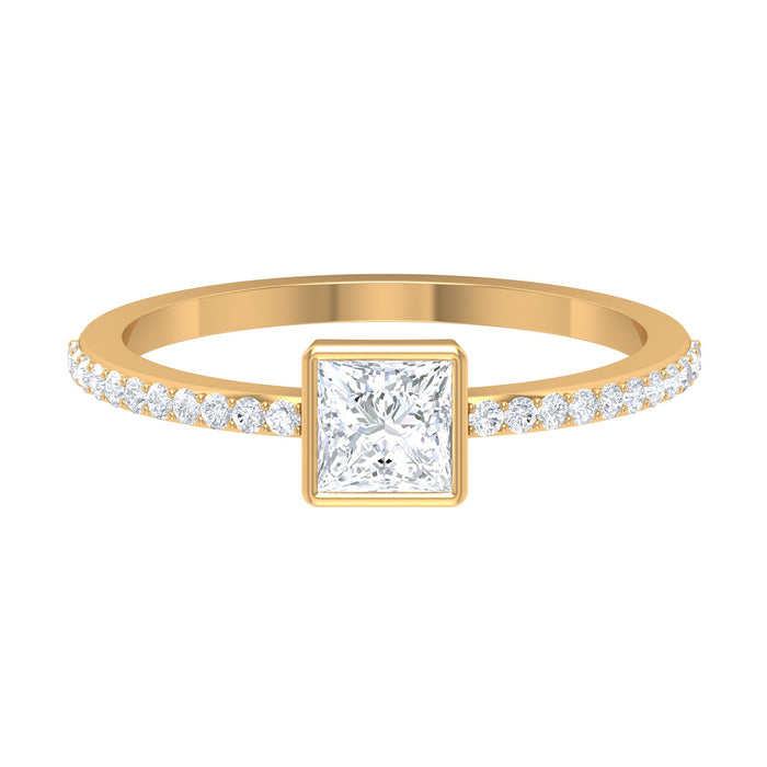 Rosec Jewels 3/4 CT bezel set cubic zirconia solitaire ring with side stones, showcasing a shiny silver band and sparkling gemstones.
