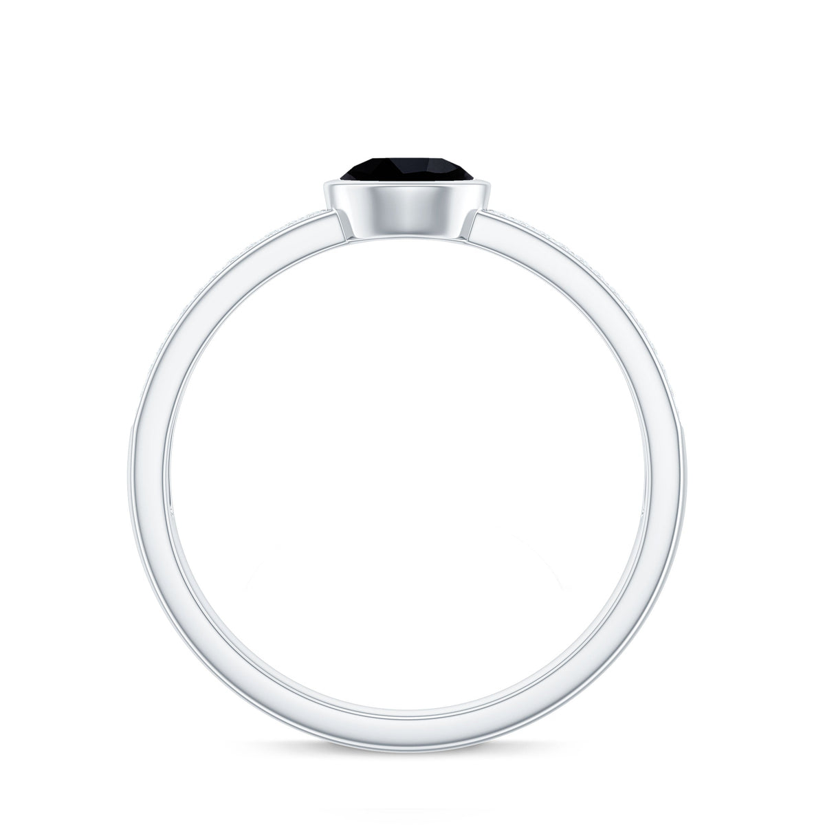 Black spinel bezel set engagement ring with diamond side stones, crafted by Rosec Jewels, featuring a sleek and elegant design.