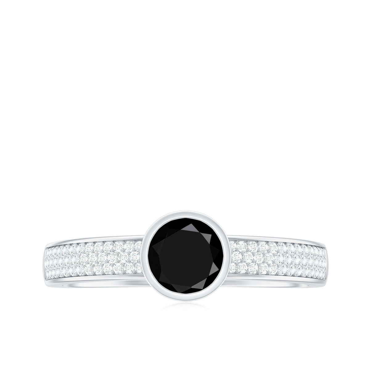 Natural black spinel bezel set engagement ring with diamond side stones, featuring a sleek band and intricate detailing.