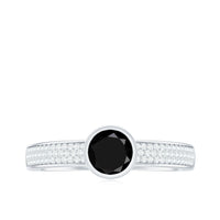 Natural black spinel bezel set engagement ring with diamond side stones, featuring a sleek band and intricate detailing.