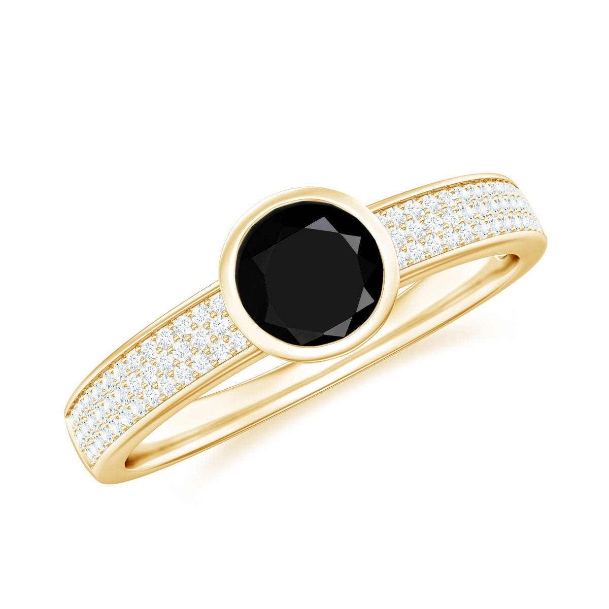 Natural black spinel bezel set engagement ring with diamond side stones, crafted by Rosec Jewels, featuring elegant jewelry design.