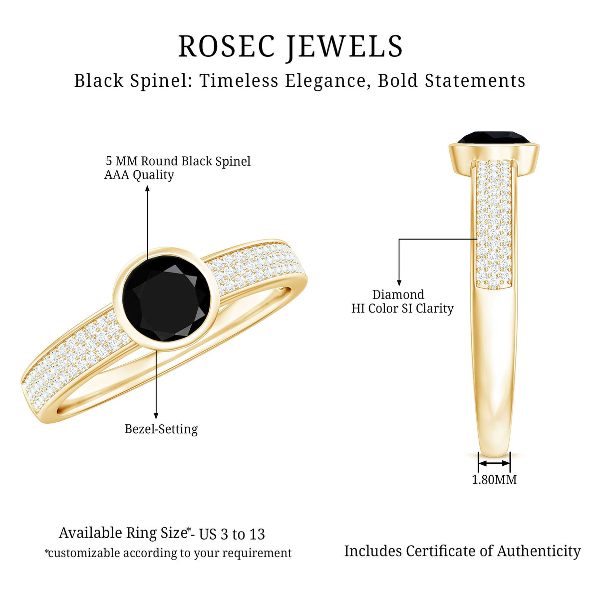 Natural black spinel bezel set engagement ring with diamond side stones, featuring a silver band and intricate detailing from Rosec Jewels.
